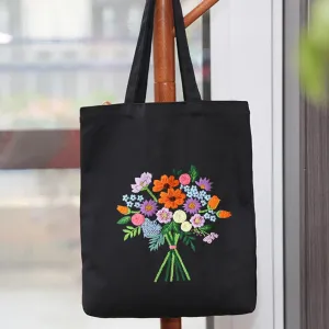 Canvas Handbag Embroidery Kit, Flower Embroidery DIY Craft Floral Tote Bag Beginner Kit Include Hoops Color Threads Needle, DIY Sewing Stamped Set