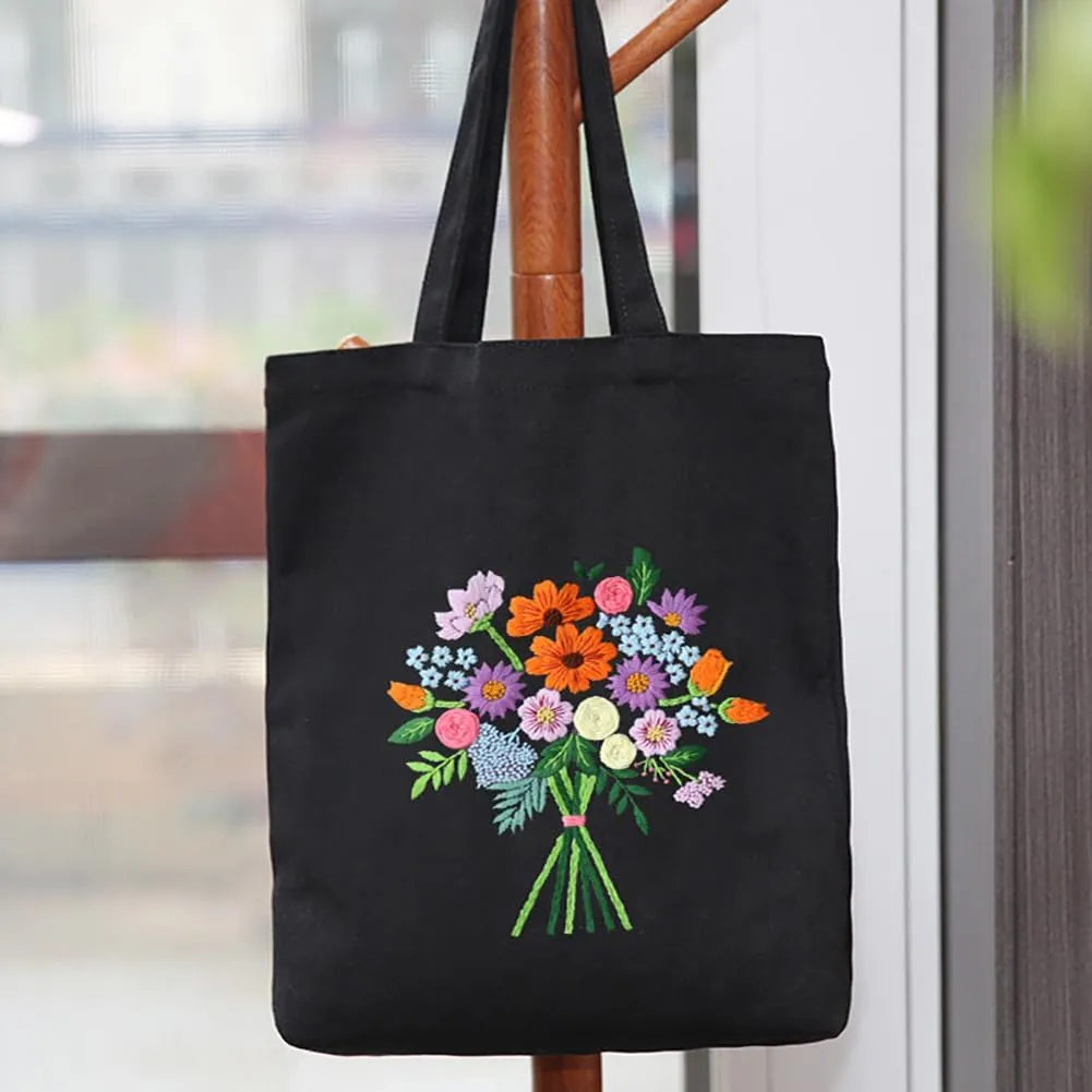 Canvas Handbag Embroidery Kit, Flower Embroidery DIY Craft Floral Tote Bag Beginner Kit Include Hoops Color Threads Needle, DIY Sewing Stamped Set
