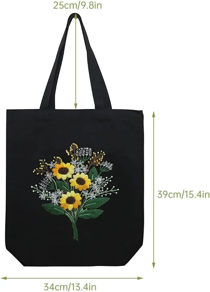 Canvas Handbag Embroidery Kit, Flower Embroidery DIY Craft Floral Tote Bag Beginner Kit Include Hoops Color Threads Needle, DIY Sewing Stamped Set