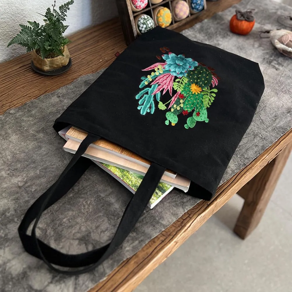 Canvas Handbag Embroidery Kit, Flower Embroidery DIY Craft Floral Tote Bag Beginner Kit Include Hoops Color Threads Needle, DIY Sewing Stamped Set
