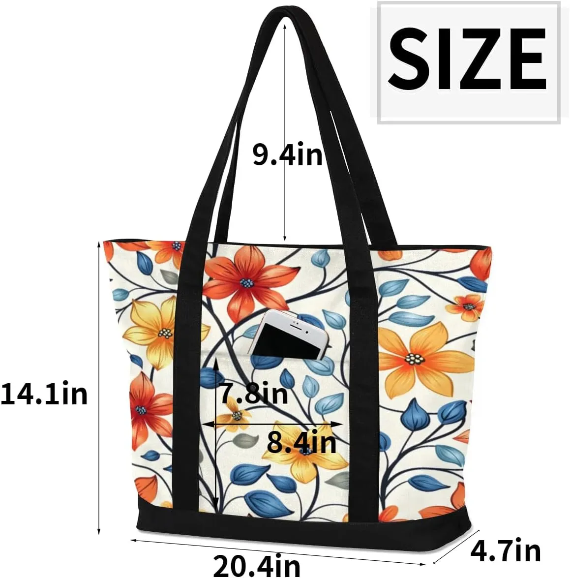 Canvas Tote Bag for Women Flower Reusable Grocery Shopping Bag with Zipper Women Gift