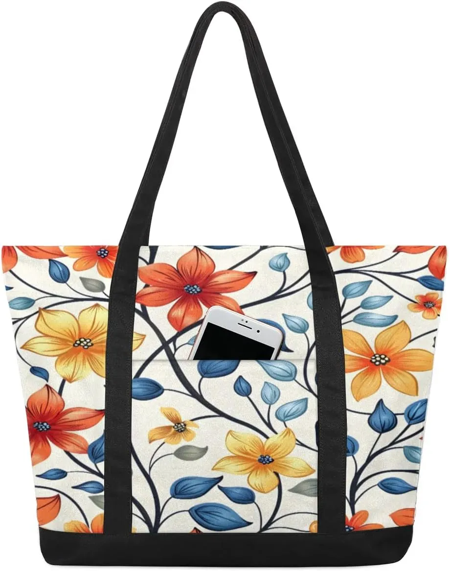 Canvas Tote Bag for Women Flower Reusable Grocery Shopping Bag with Zipper Women Gift