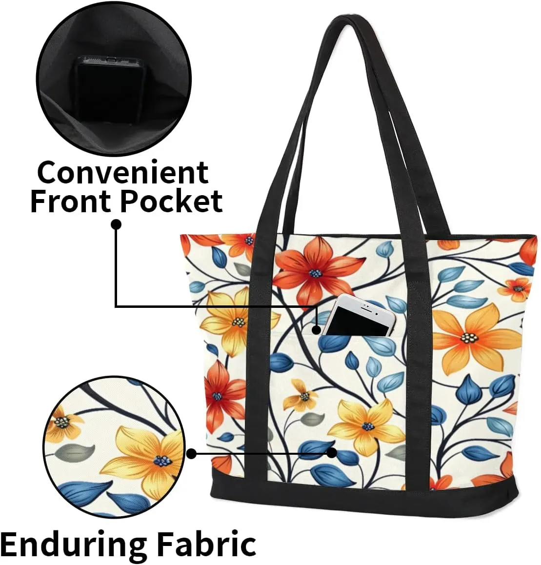 Canvas Tote Bag for Women Flower Reusable Grocery Shopping Bag with Zipper Women Gift