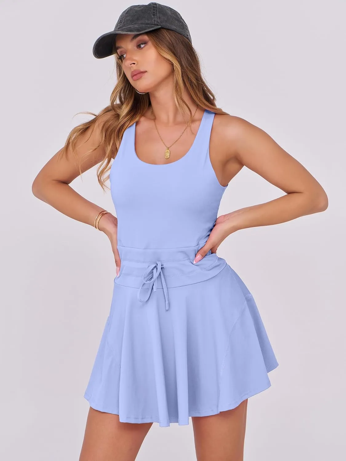 Caracilia Women's Tennis Mini Dresses Workout Built in Shorts Golf Athletic Sleeveless One Piece Summer Active Romper Dress