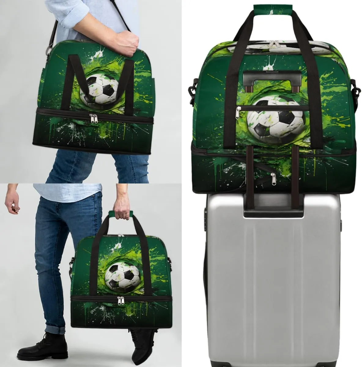 Cartoon Football Foldable Travel Duffel Bag Overnight Weekender Bag with Shoes Compartment Sports Gym Bag for Men Women