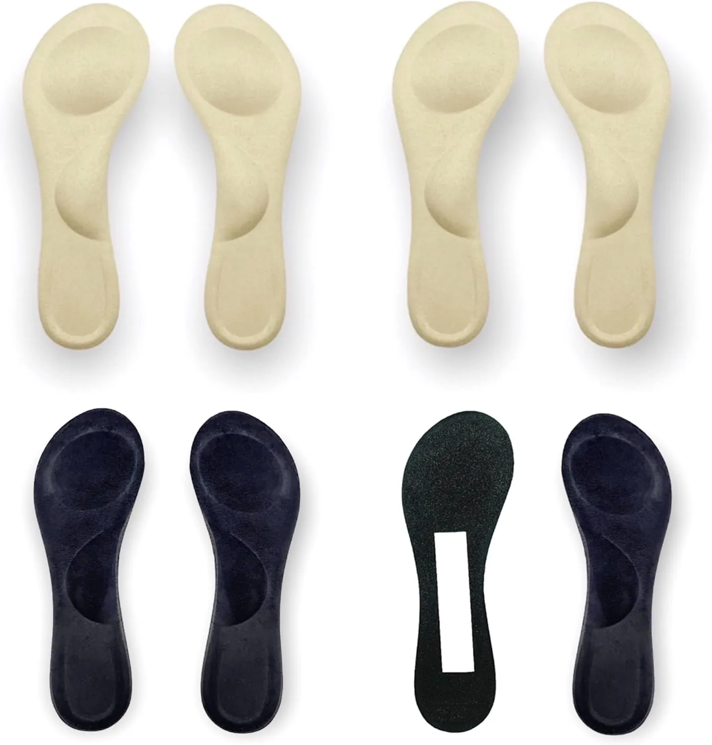 CB 4 Pairs of Suede Sponge Inserts Invisible Slim Insoles Liners, Ball of Foot Pain Relief Cushion, Arch Pain Barefoot Support, 3/4 Length for Women's Shoes 5-7, 2 Pairs Black & 2 Pairs Beige