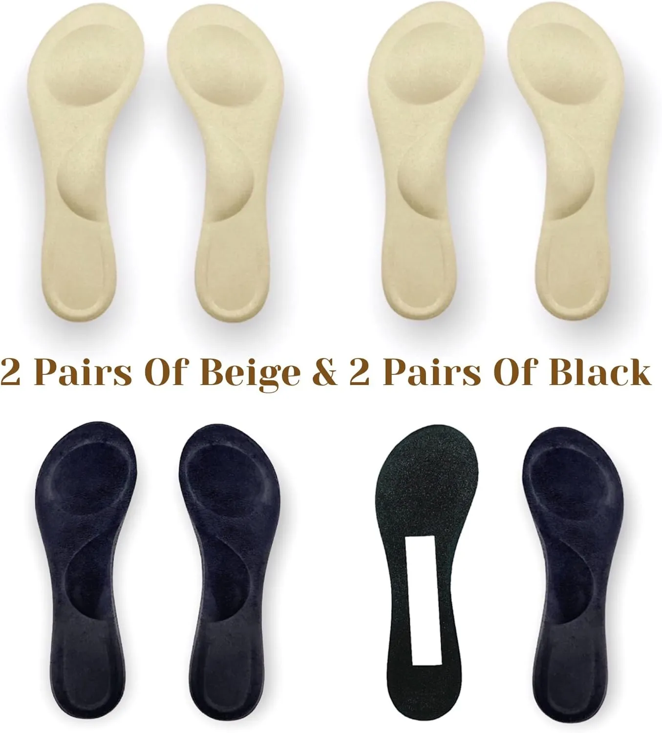 CB 4 Pairs of Suede Sponge Inserts Invisible Slim Insoles Liners, Ball of Foot Pain Relief Cushion, Arch Pain Barefoot Support, 3/4 Length for Women's Shoes 5-7, 2 Pairs Black & 2 Pairs Beige