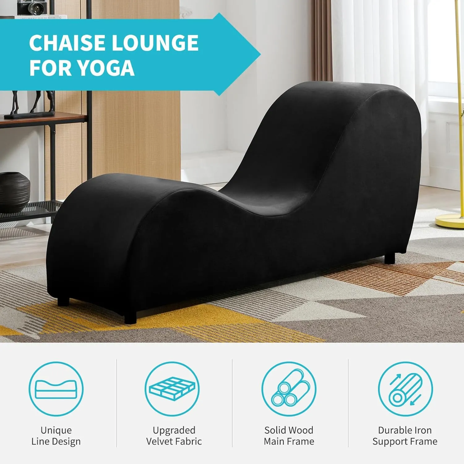 CECER Curved Chaise Lounge Chair for Yoga,Modern Velvet Yoga Chair for Stretching, Relaxing, Exercising, Chaise Lounge Indoor for Indoor Living Room,Bedroom-Black