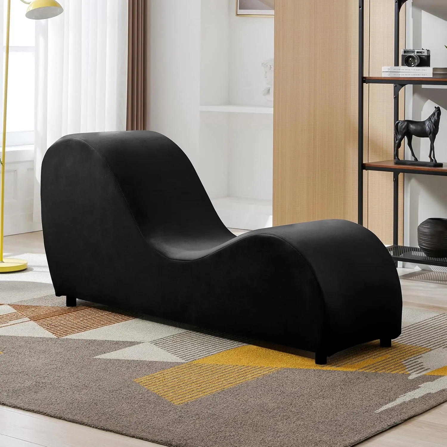 CECER Curved Chaise Lounge Chair for Yoga,Modern Velvet Yoga Chair for Stretching, Relaxing, Exercising, Chaise Lounge Indoor for Indoor Living Room,Bedroom-Black
