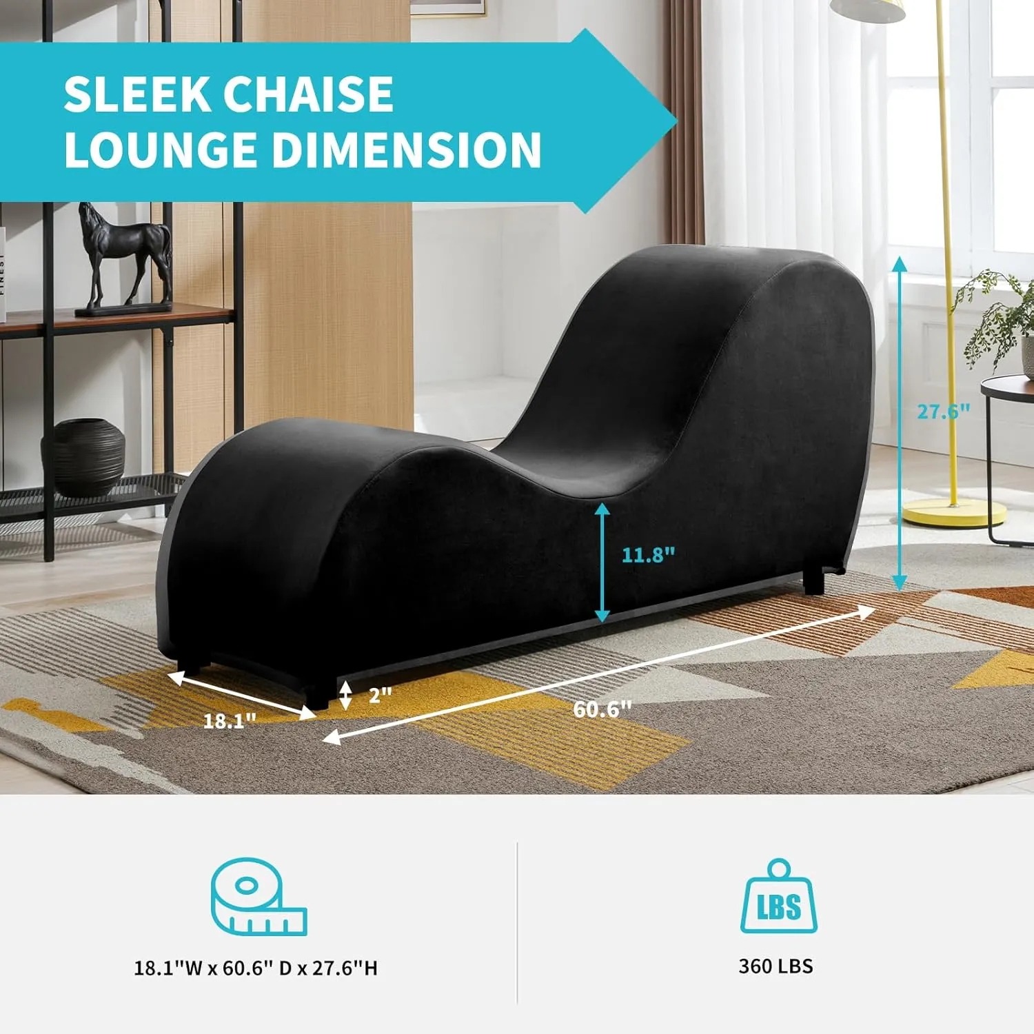 CECER Curved Chaise Lounge Chair for Yoga,Modern Velvet Yoga Chair for Stretching, Relaxing, Exercising, Chaise Lounge Indoor for Indoor Living Room,Bedroom-Black