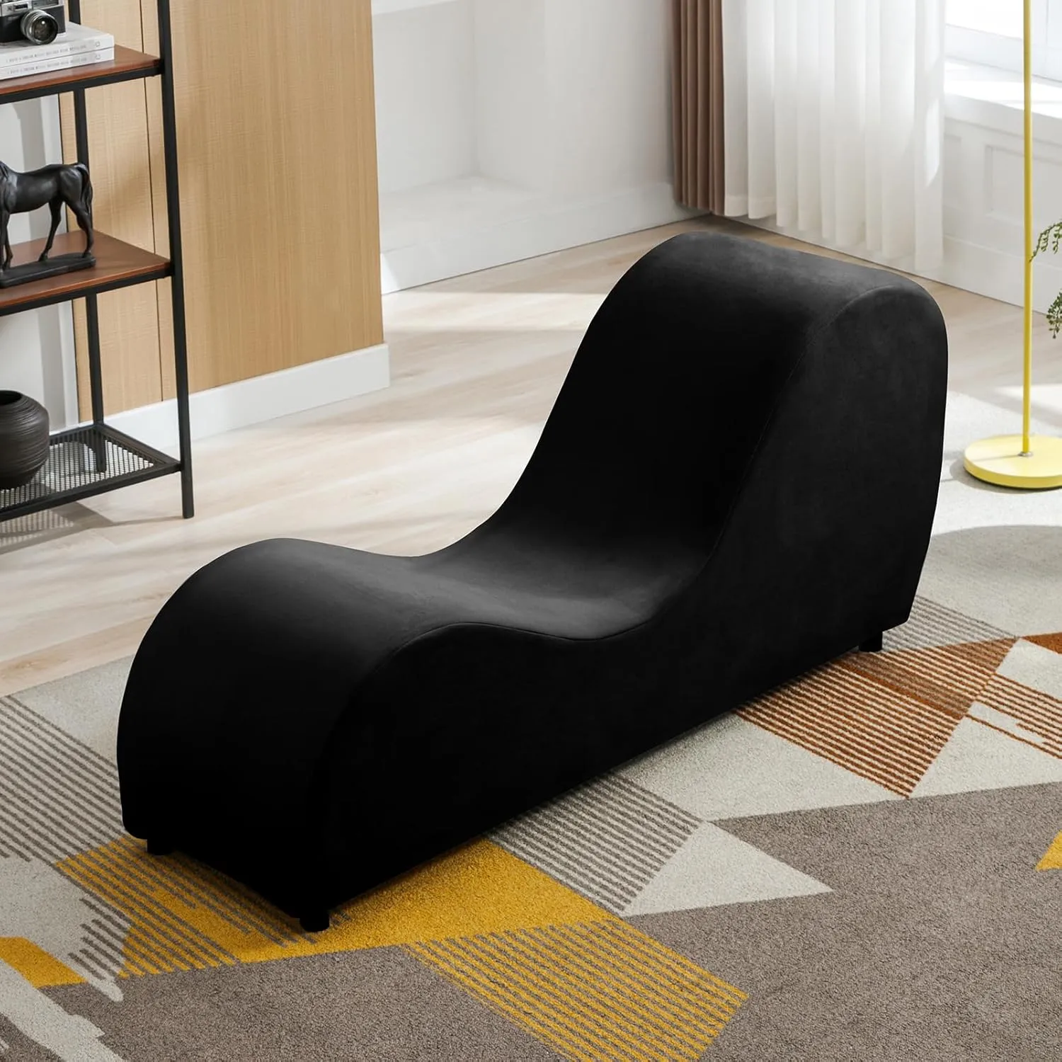 CECER Curved Chaise Lounge Chair for Yoga,Modern Velvet Yoga Chair for Stretching, Relaxing, Exercising, Chaise Lounge Indoor for Indoor Living Room,Bedroom-Black