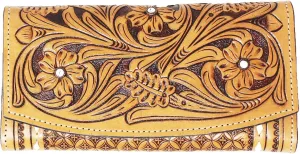 CHALLENGER Women's Western Floral Tooled White Buckstitch Leather Wallet Clutch 18FKW65C