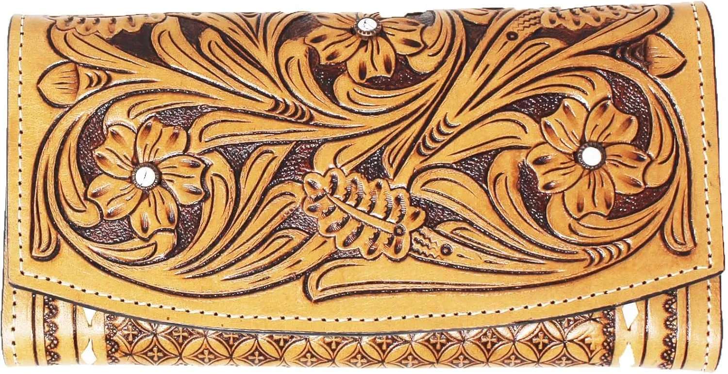 CHALLENGER Women's Western Floral Tooled White Buckstitch Leather Wallet Clutch 18FKW65C