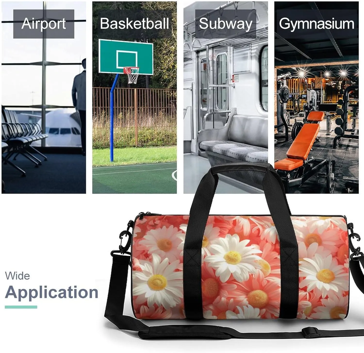 Chamomile Flowers Travel Gym Bag for Women Men Full Floral Cylindrical Duffle Bag Sport Workout Bag with Shoulder Strap