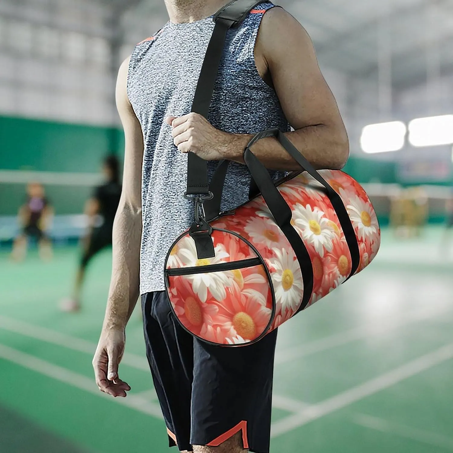 Chamomile Flowers Travel Gym Bag for Women Men Full Floral Cylindrical Duffle Bag Sport Workout Bag with Shoulder Strap