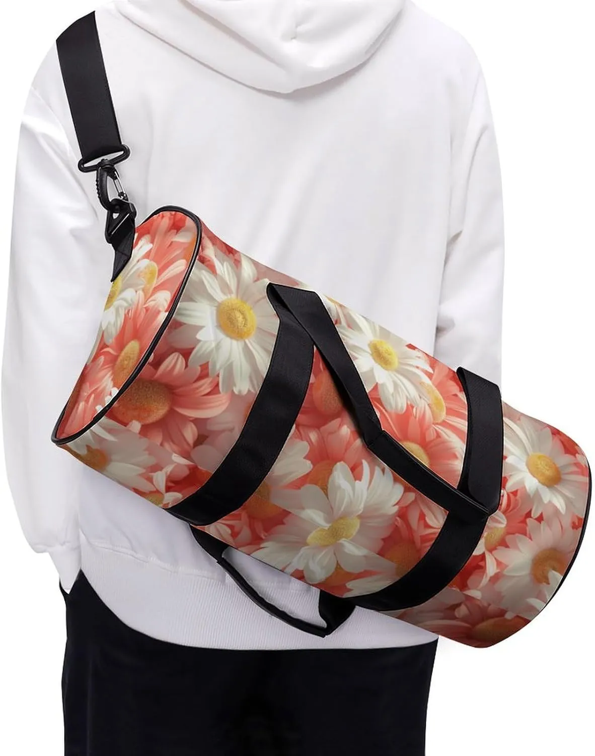 Chamomile Flowers Travel Gym Bag for Women Men Full Floral Cylindrical Duffle Bag Sport Workout Bag with Shoulder Strap