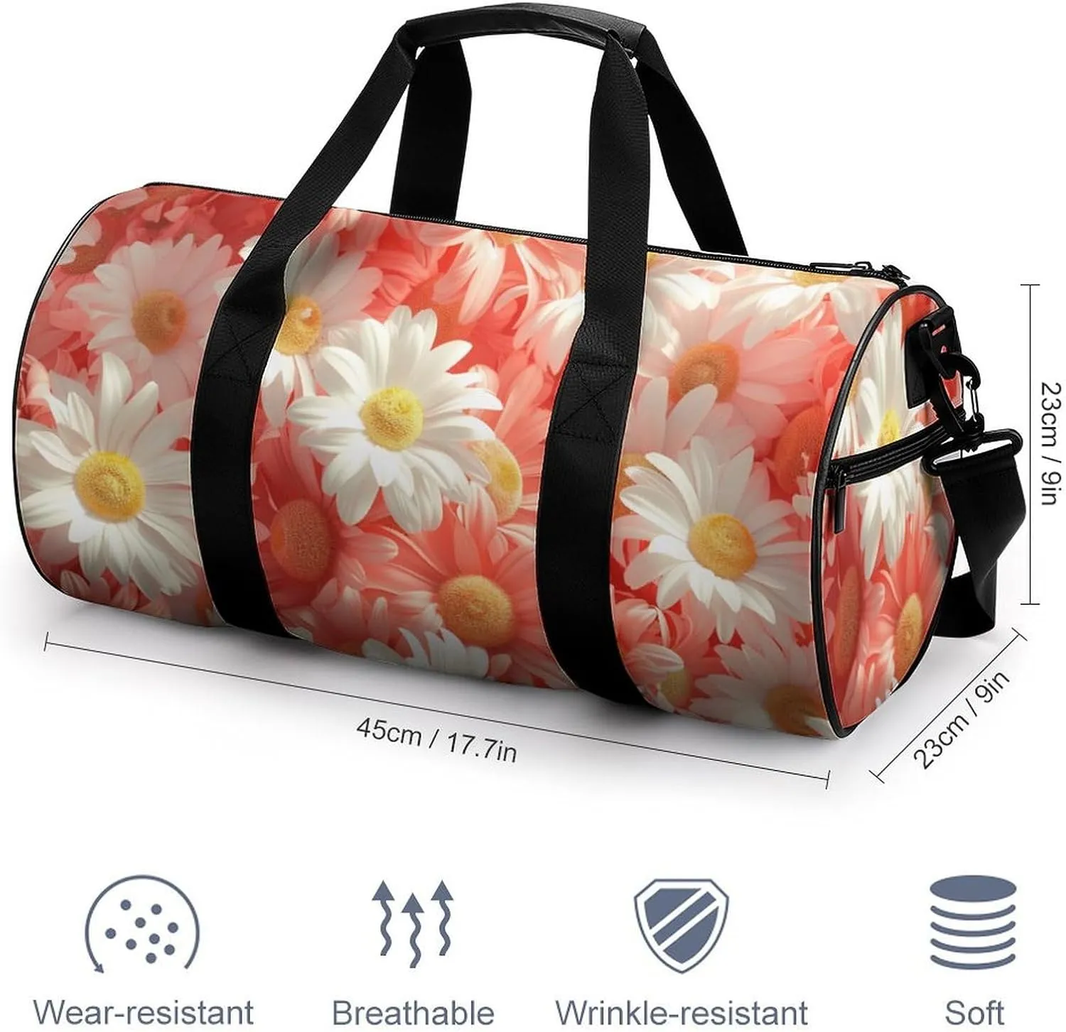 Chamomile Flowers Travel Gym Bag for Women Men Full Floral Cylindrical Duffle Bag Sport Workout Bag with Shoulder Strap