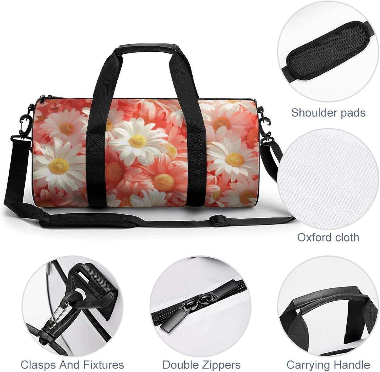 Chamomile Flowers Travel Gym Bag for Women Men Full Floral Cylindrical Duffle Bag Sport Workout Bag with Shoulder Strap