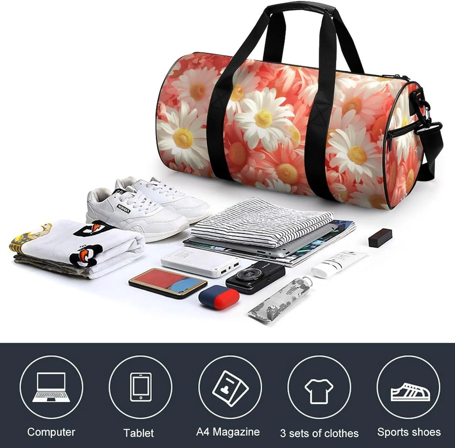 Chamomile Flowers Travel Gym Bag for Women Men Full Floral Cylindrical Duffle Bag Sport Workout Bag with Shoulder Strap