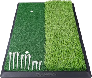 CHAMPKEY 17" x 24" High Performance Nylon Dual-Turf Golf Hitting Mat - Rubber Backing Golf Pracitce Mat - Come with 1 Rubber Tee Holder and 9 Plastic Golf Tees