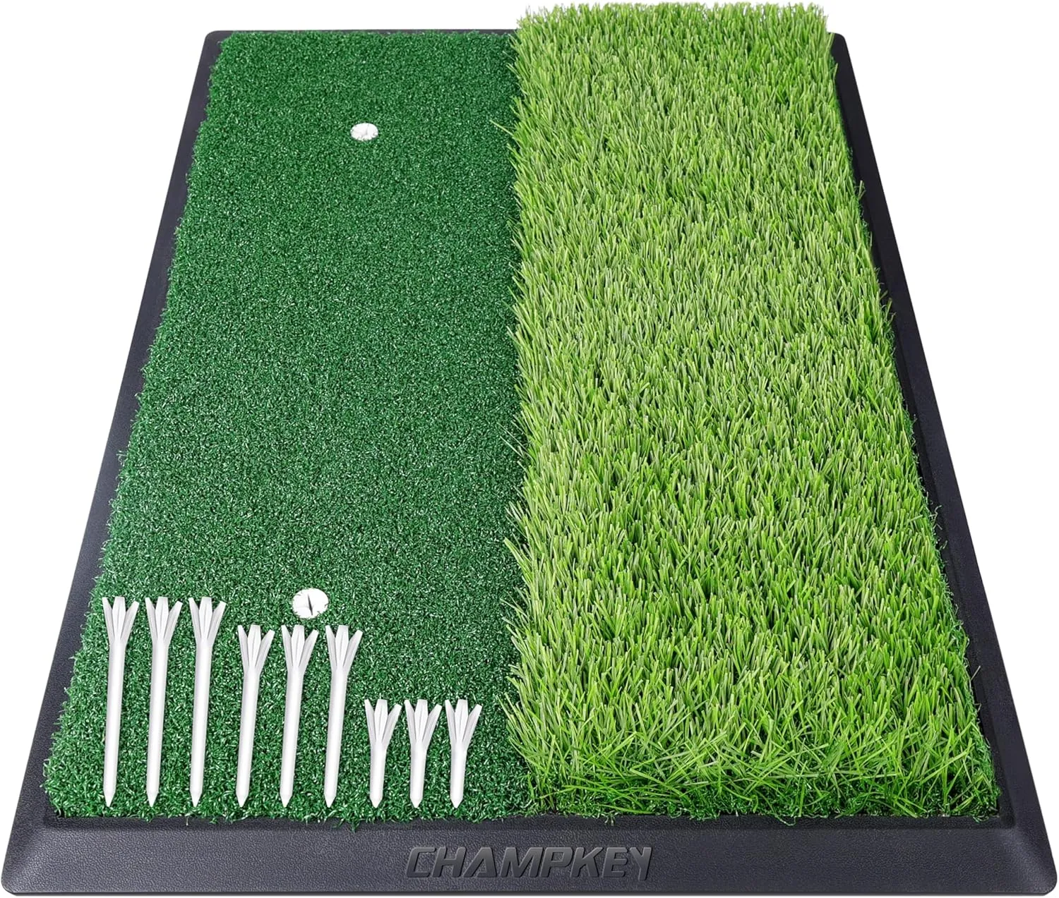 CHAMPKEY 17" x 24" High Performance Nylon Dual-Turf Golf Hitting Mat - Rubber Backing Golf Pracitce Mat - Come with 1 Rubber Tee Holder and 9 Plastic Golf Tees