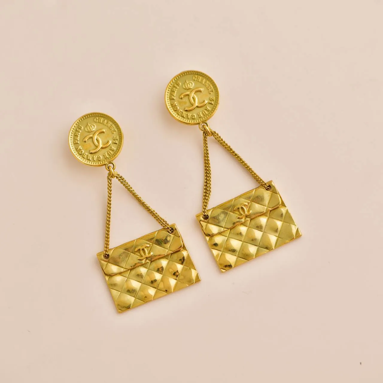 Chanel CC Coin Quilted Flap Bag Drop Earrings