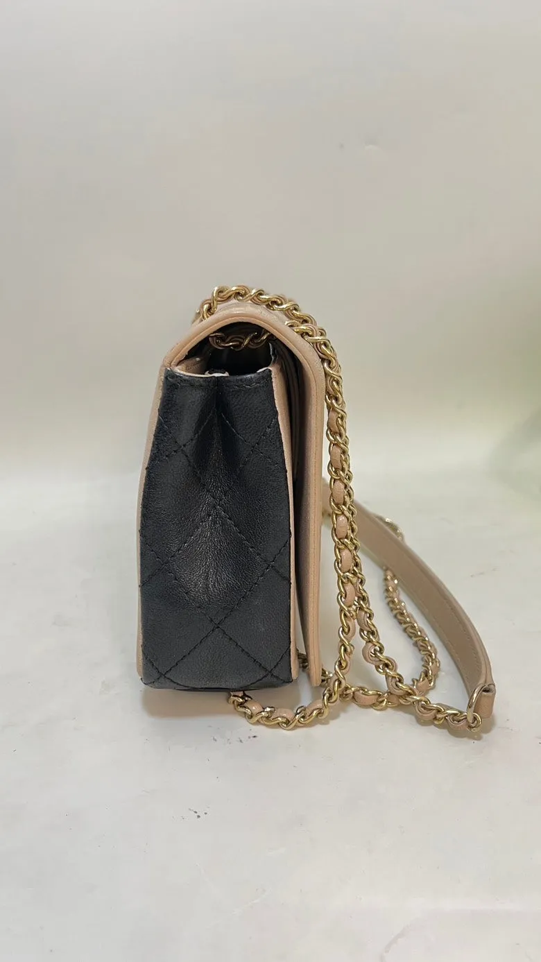 Chanel Double Flap Chain Bag Beige & Black Leather Shoulder Bag