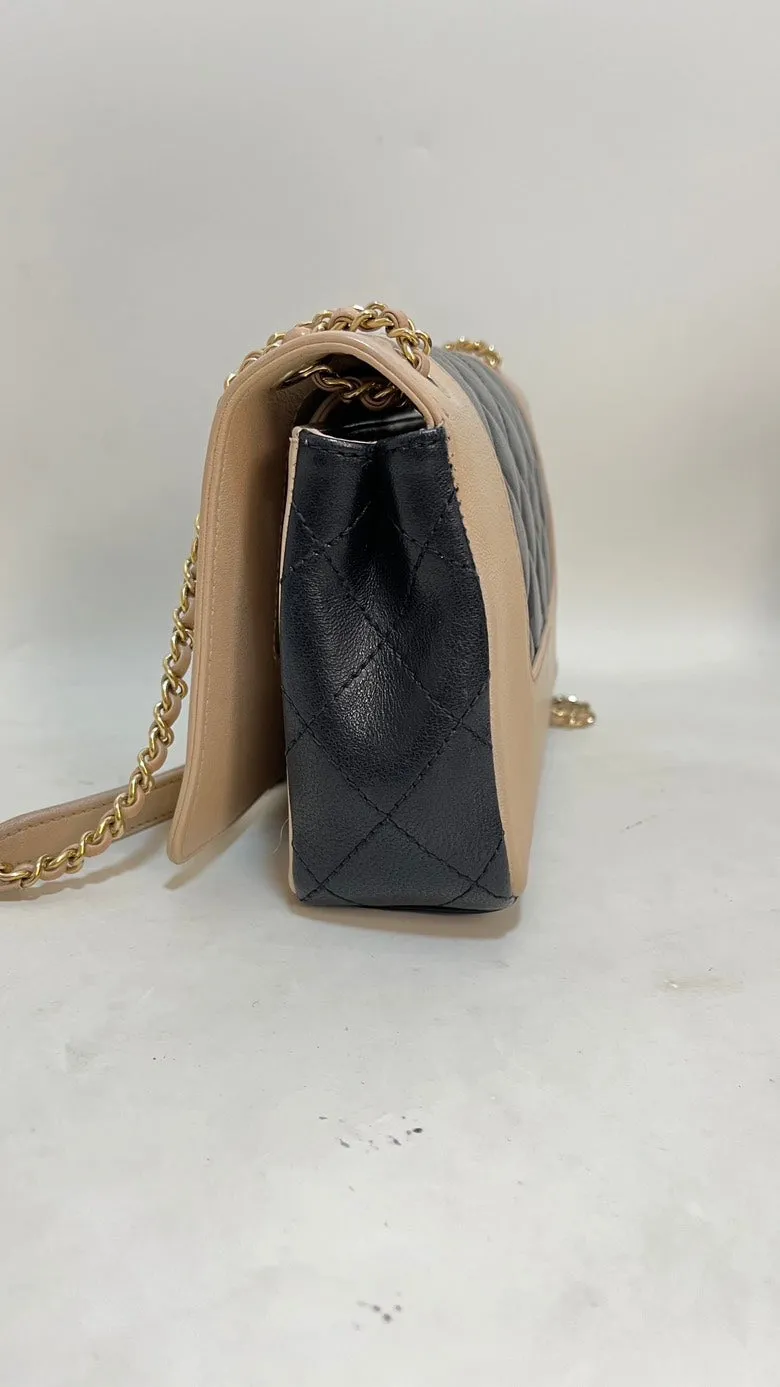 Chanel Double Flap Chain Bag Beige & Black Leather Shoulder Bag