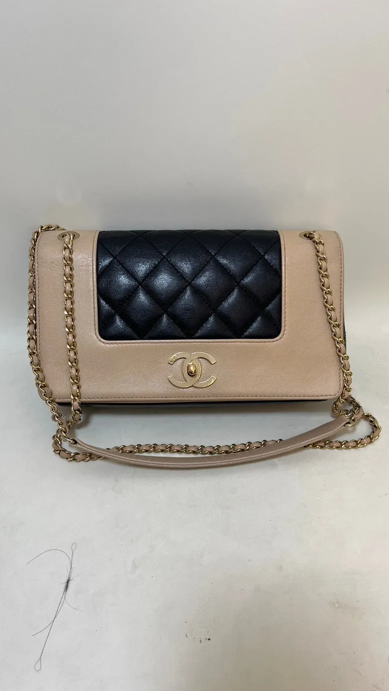 Chanel Double Flap Chain Bag Beige & Black Leather Shoulder Bag