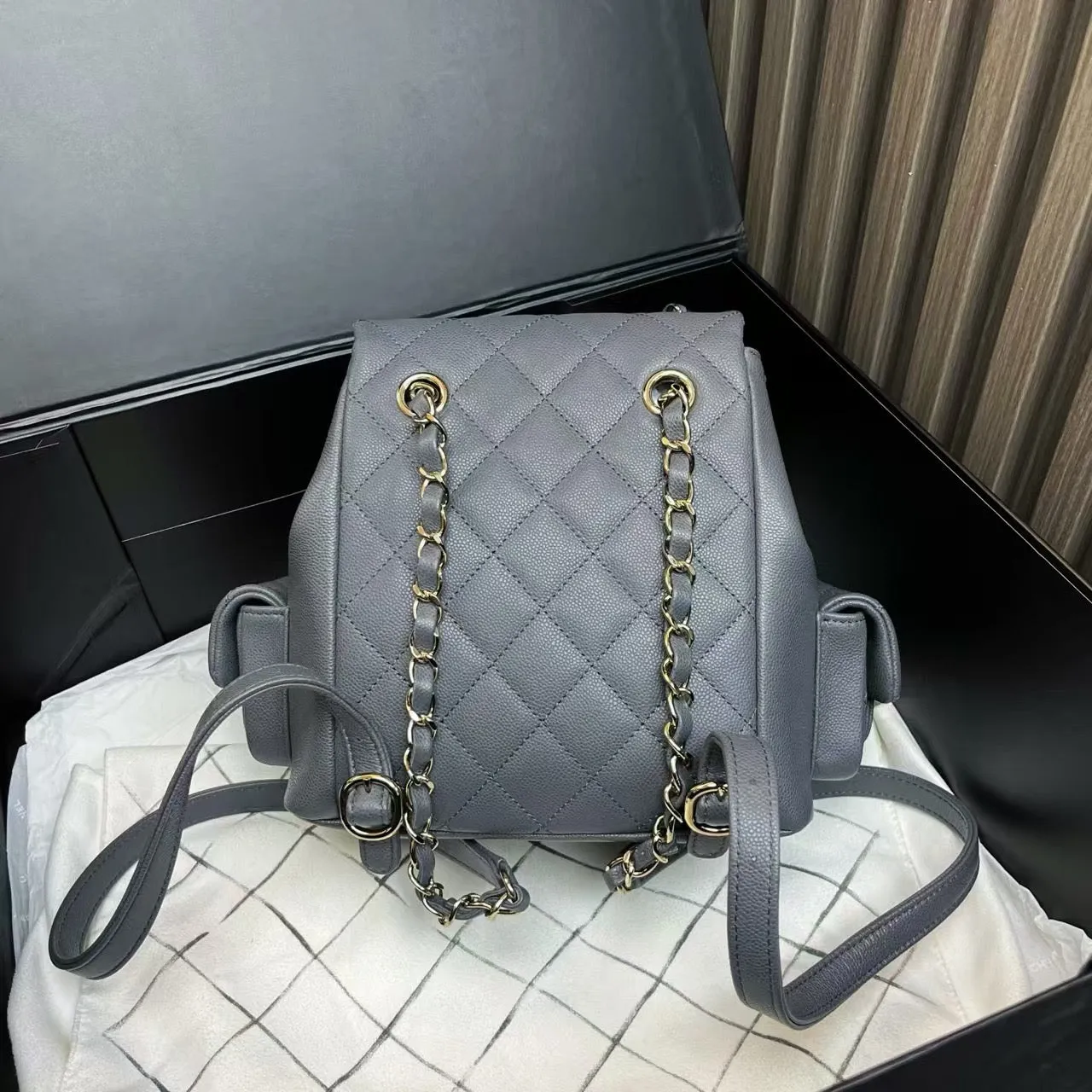 Chanel Quilted Gray Leather Backpack