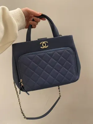 Chanel Quilted Navy Blue Leather Top Handle Bag