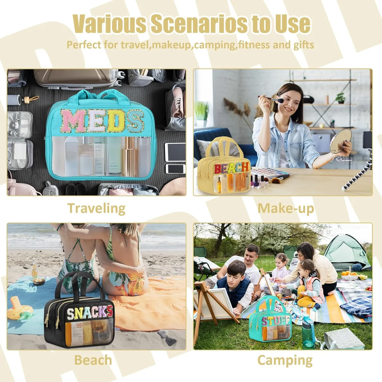 Chenille Letter Clear Makeup Bags, Clear Beach Bag for Travel, Preppy Patch Nylon Cosmetic Bag with Handles and Zipper, Waterproof Large Clear Travel Toiletry Bag Storage Bag for Women