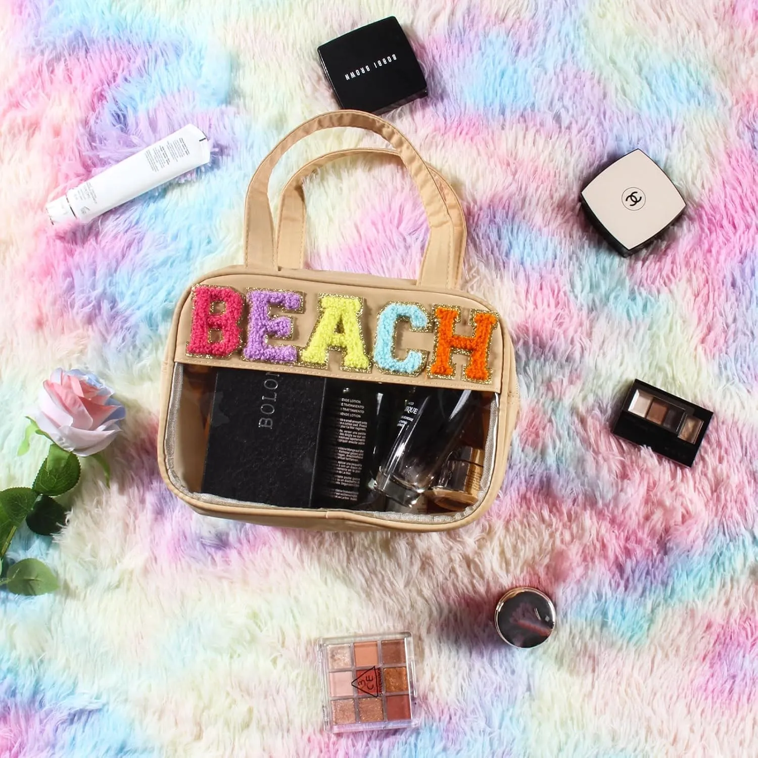 Chenille Letter Clear Makeup Bags, Clear Beach Bag for Travel, Preppy Patch Nylon Cosmetic Bag with Handles and Zipper, Waterproof Large Clear Travel Toiletry Bag Storage Bag for Women