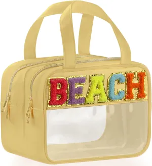 Chenille Letter Clear Makeup Bags, Clear Beach Bag for Travel, Preppy Patch Nylon Cosmetic Bag with Handles and Zipper, Waterproof Large Clear Travel Toiletry Bag Storage Bag for Women