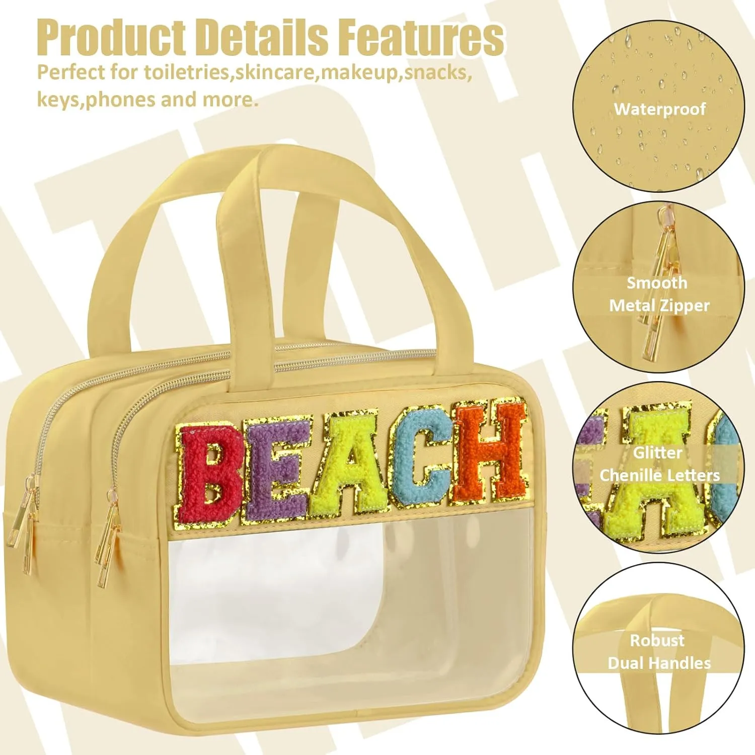 Chenille Letter Clear Makeup Bags, Clear Beach Bag for Travel, Preppy Patch Nylon Cosmetic Bag with Handles and Zipper, Waterproof Large Clear Travel Toiletry Bag Storage Bag for Women