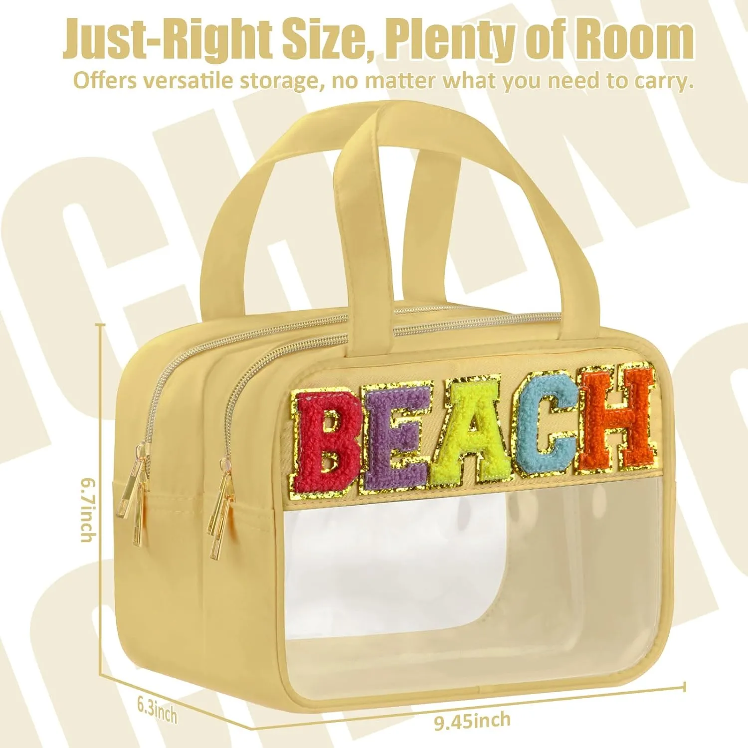 Chenille Letter Clear Makeup Bags, Clear Beach Bag for Travel, Preppy Patch Nylon Cosmetic Bag with Handles and Zipper, Waterproof Large Clear Travel Toiletry Bag Storage Bag for Women