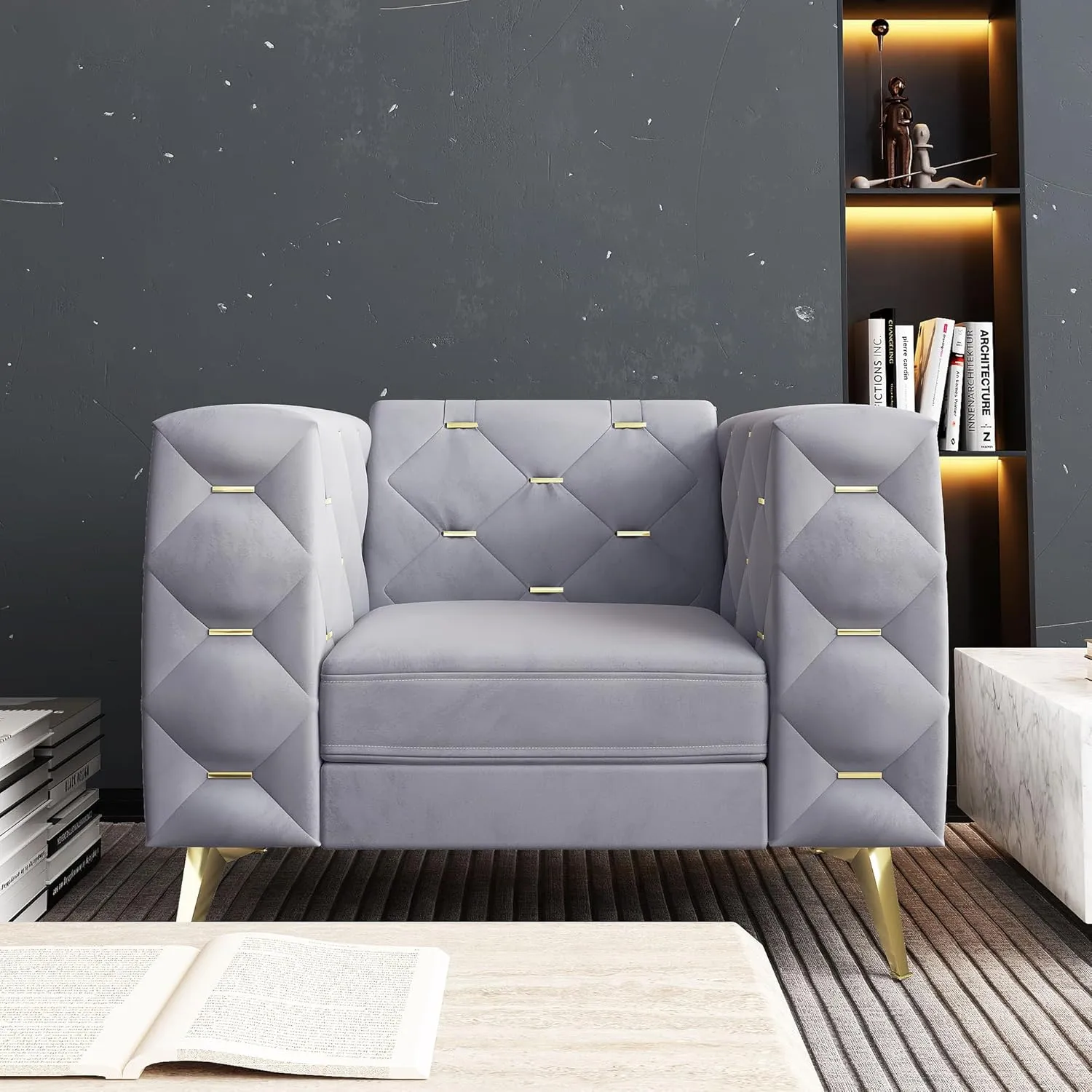 Chesterfield Chair, Velvet Upholstered Couch with Square Arms and Tufted Back, Mid-Century Modern Sofa Couch with Metal Buckle Decor and Metal Legs for Living Room, Office, Bedroom (Grey)
