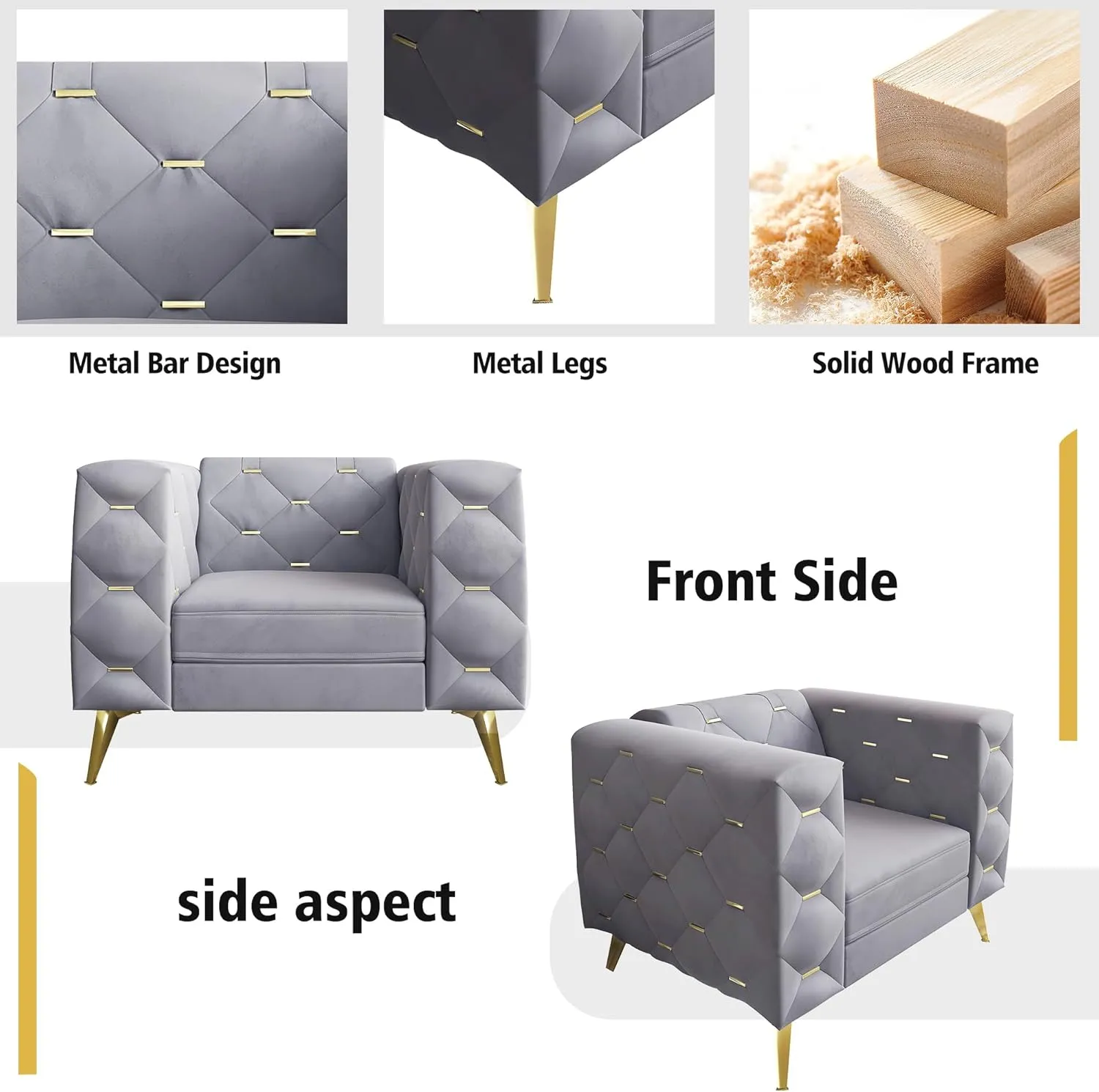 Chesterfield Chair, Velvet Upholstered Couch with Square Arms and Tufted Back, Mid-Century Modern Sofa Couch with Metal Buckle Decor and Metal Legs for Living Room, Office, Bedroom (Grey)