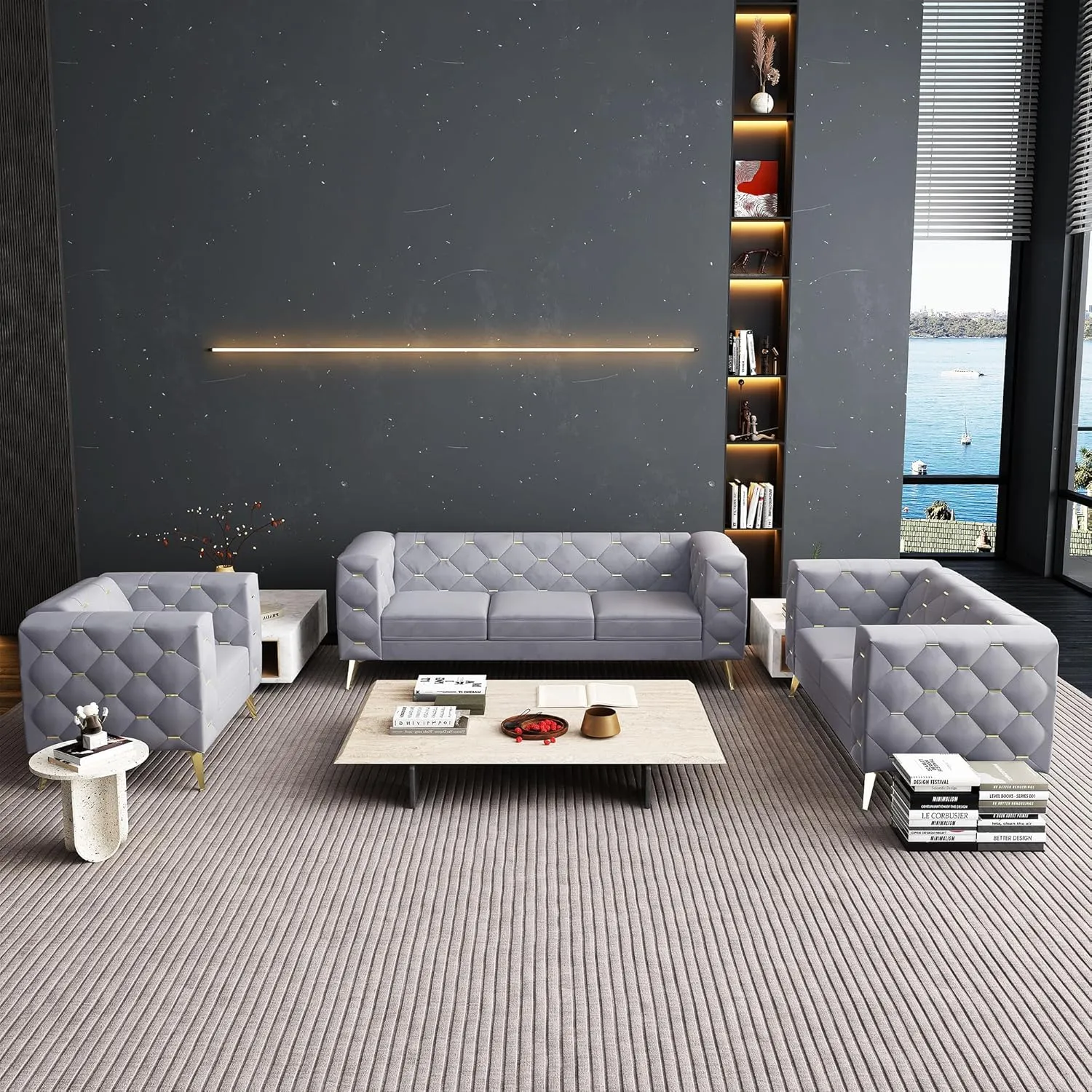 Chesterfield Chair, Velvet Upholstered Couch with Square Arms and Tufted Back, Mid-Century Modern Sofa Couch with Metal Buckle Decor and Metal Legs for Living Room, Office, Bedroom (Grey)