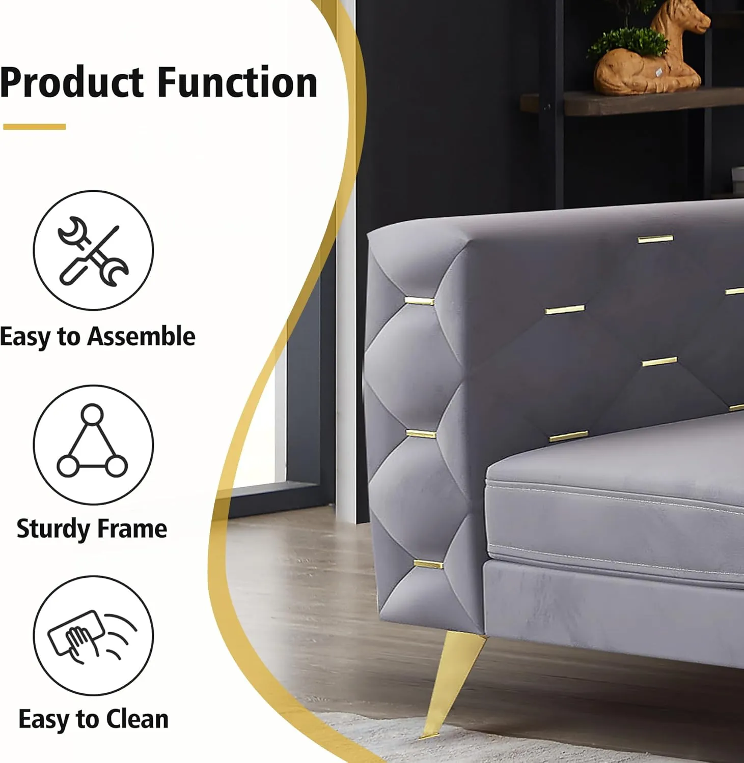 Chesterfield Chair, Velvet Upholstered Couch with Square Arms and Tufted Back, Mid-Century Modern Sofa Couch with Metal Buckle Decor and Metal Legs for Living Room, Office, Bedroom (Grey)