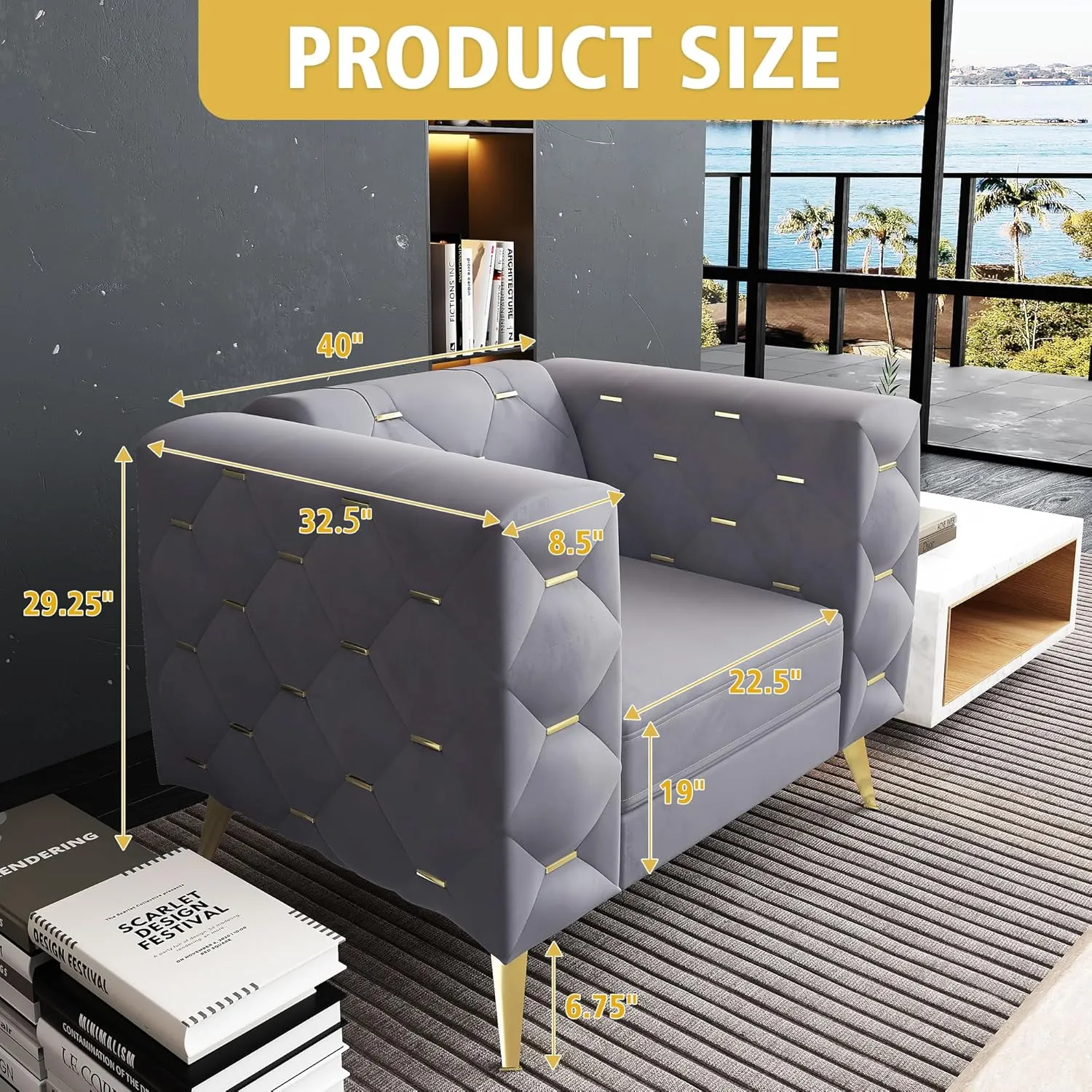 Chesterfield Chair, Velvet Upholstered Couch with Square Arms and Tufted Back, Mid-Century Modern Sofa Couch with Metal Buckle Decor and Metal Legs for Living Room, Office, Bedroom (Grey)