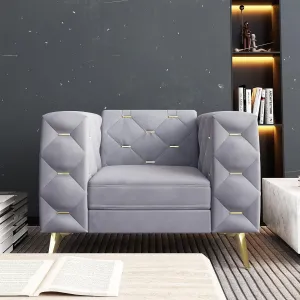 Chesterfield Chair, Velvet Upholstered Couch with Square Arms and Tufted Back, Mid-Century Modern Sofa Couch with Metal Buckle Decor and Metal Legs for Living Room, Office, Bedroom (Grey)