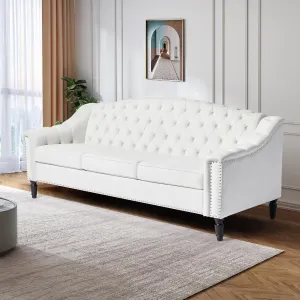 Chesterfield Couch 3 Seater Large Sofa, Velvet Sofas and Couches 80 Inches Mid Century Modern Couch Tufted Back Sofa for Living Room Furniture (White)