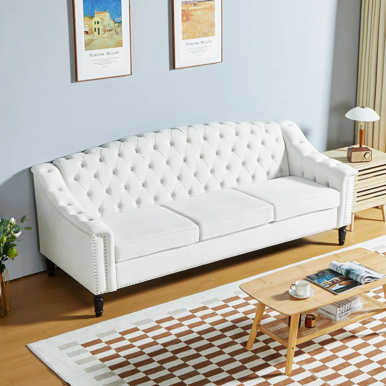 Chesterfield Couch 3 Seater Large Sofa, Velvet Sofas and Couches 80 Inches Mid Century Modern Couch Tufted Back Sofa for Living Room Furniture (White)