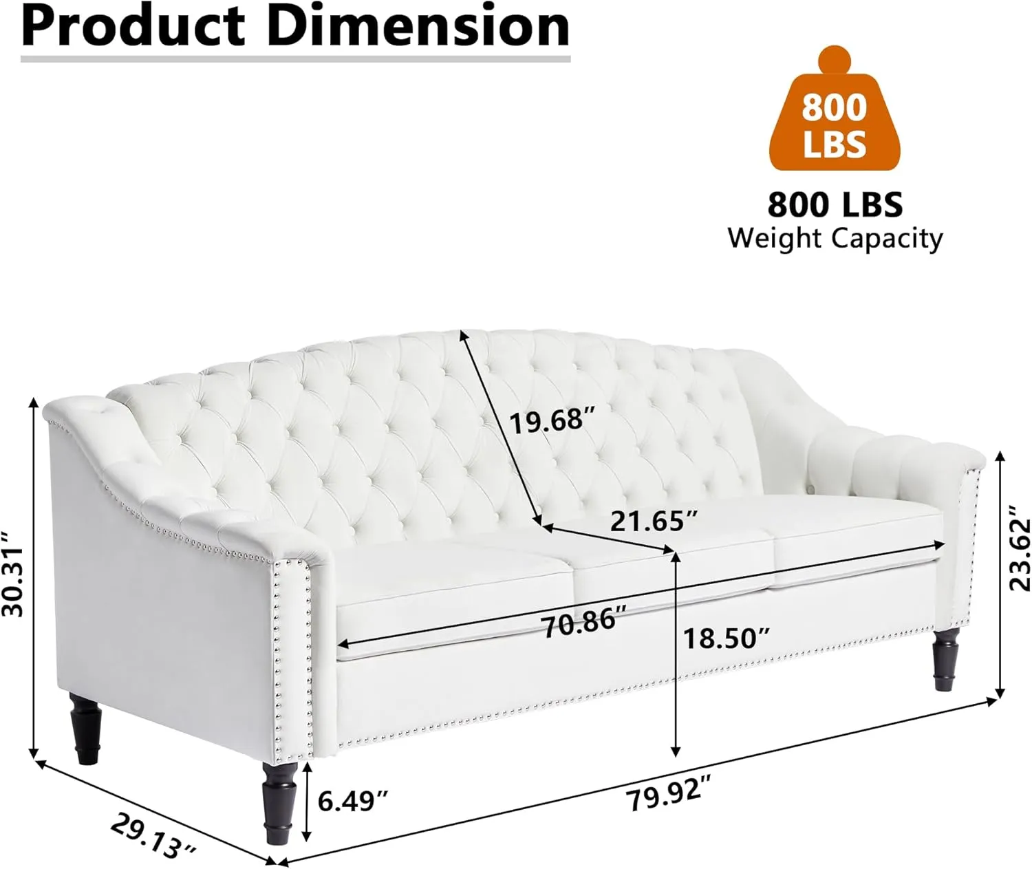 Chesterfield Couch 3 Seater Large Sofa, Velvet Sofas and Couches 80 Inches Mid Century Modern Couch Tufted Back Sofa for Living Room Furniture (White)
