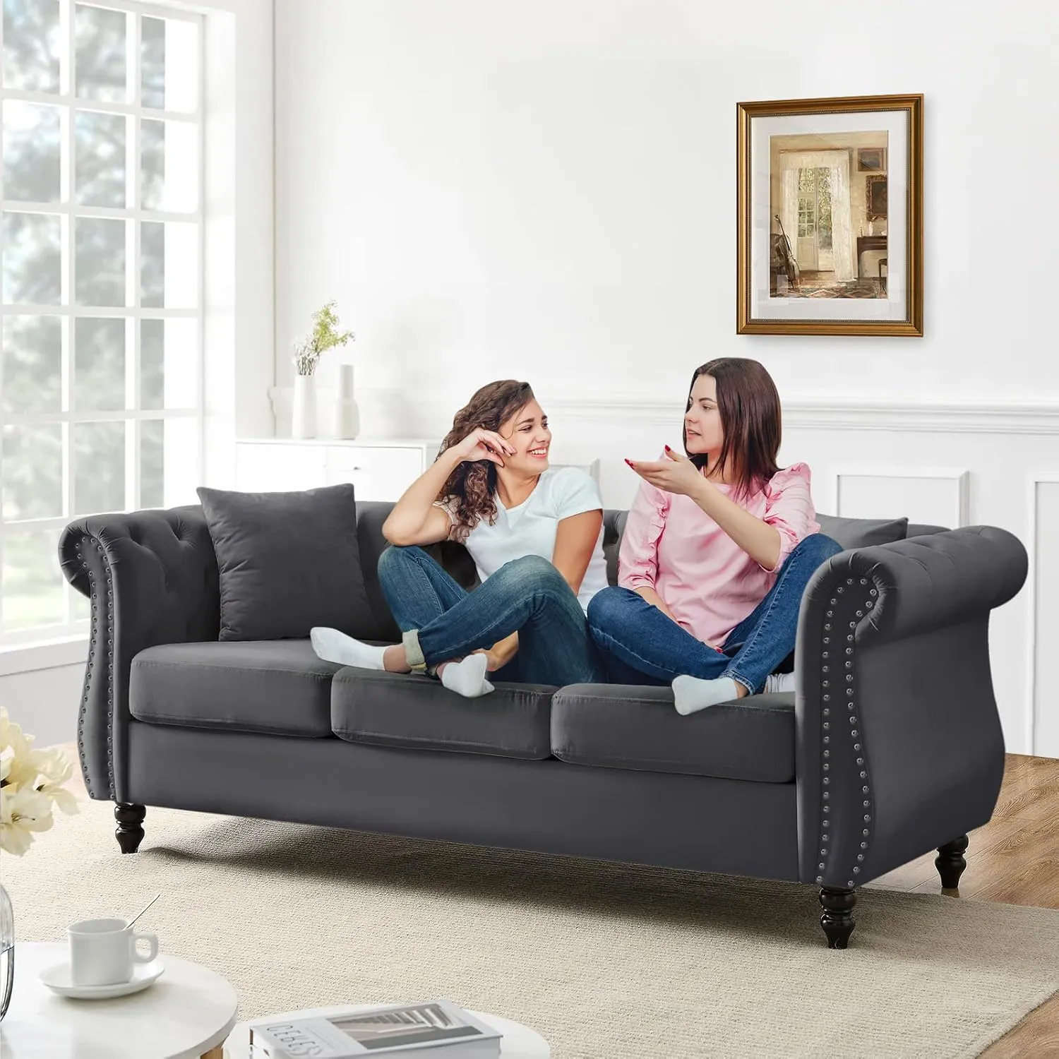 Chesterfield Sofa, 80" Button Tufted Velvet Couch with Rolled Arms & Nailhead Trim, Comfy 3 Seater, Mid Century Modern for Living Room, Bedroom, Apartment, Office (Grey)