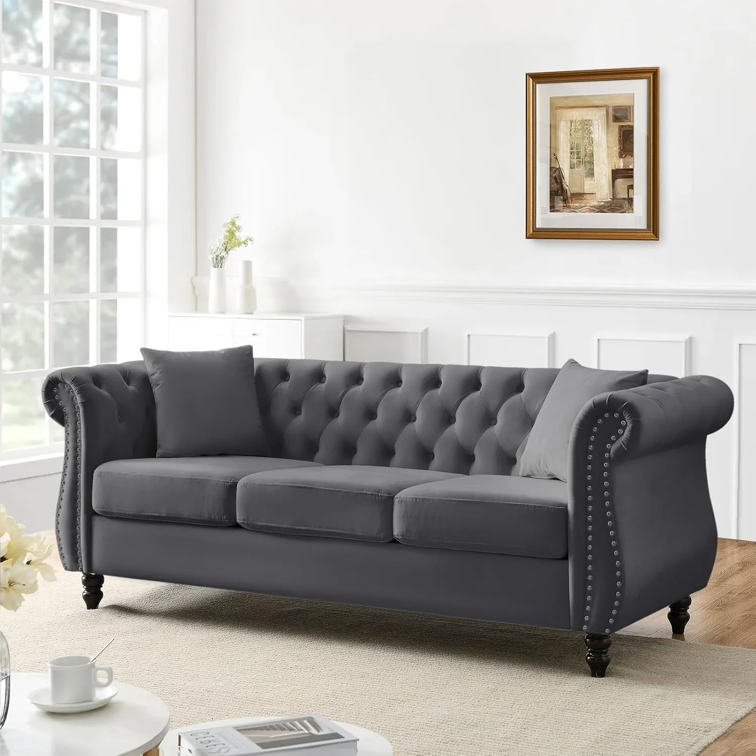 Chesterfield Sofa, 80" Button Tufted Velvet Couch with Rolled Arms & Nailhead Trim, Comfy 3 Seater, Mid Century Modern for Living Room, Bedroom, Apartment, Office (Grey)
