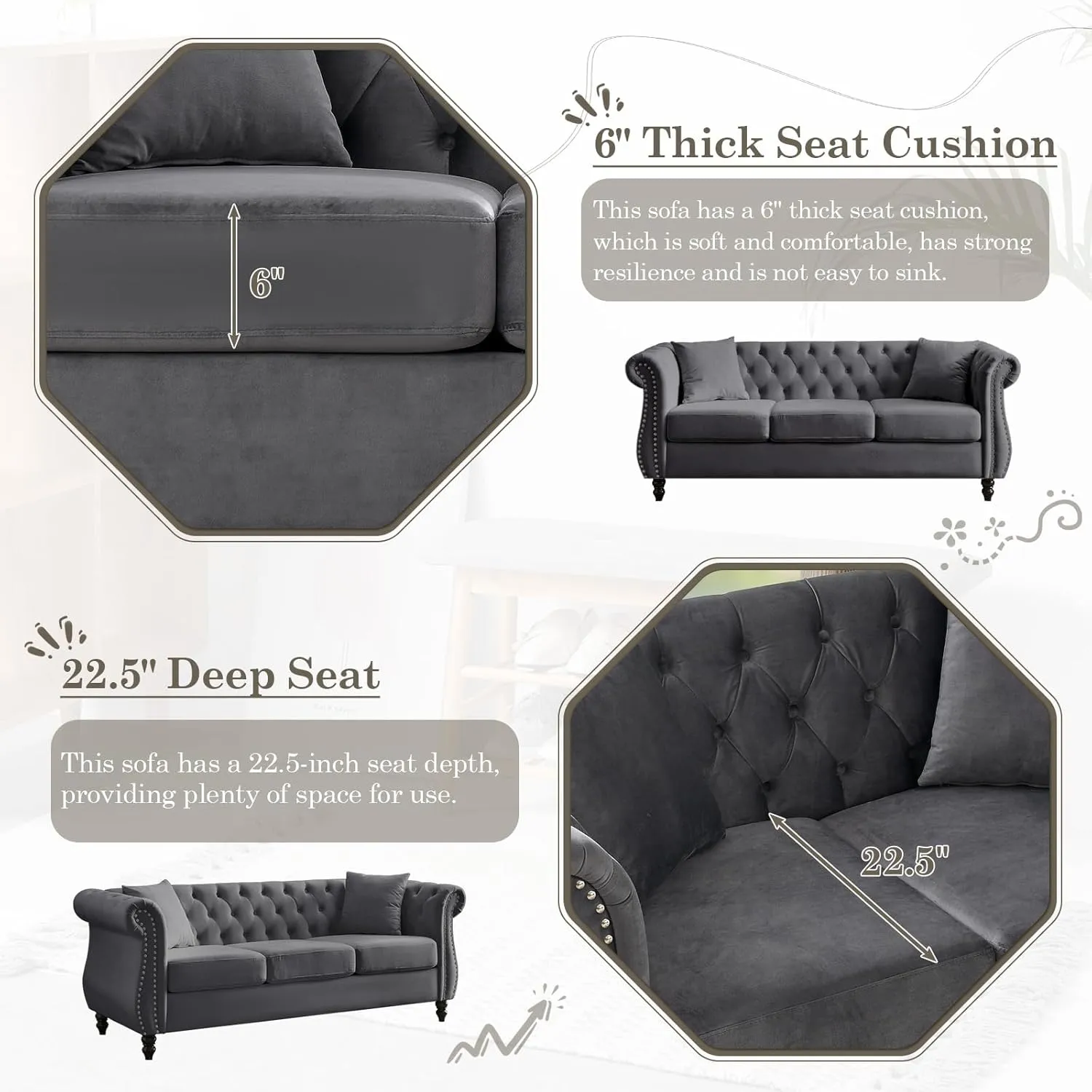 Chesterfield Sofa, 80" Button Tufted Velvet Couch with Rolled Arms & Nailhead Trim, Comfy 3 Seater, Mid Century Modern for Living Room, Bedroom, Apartment, Office (Grey)