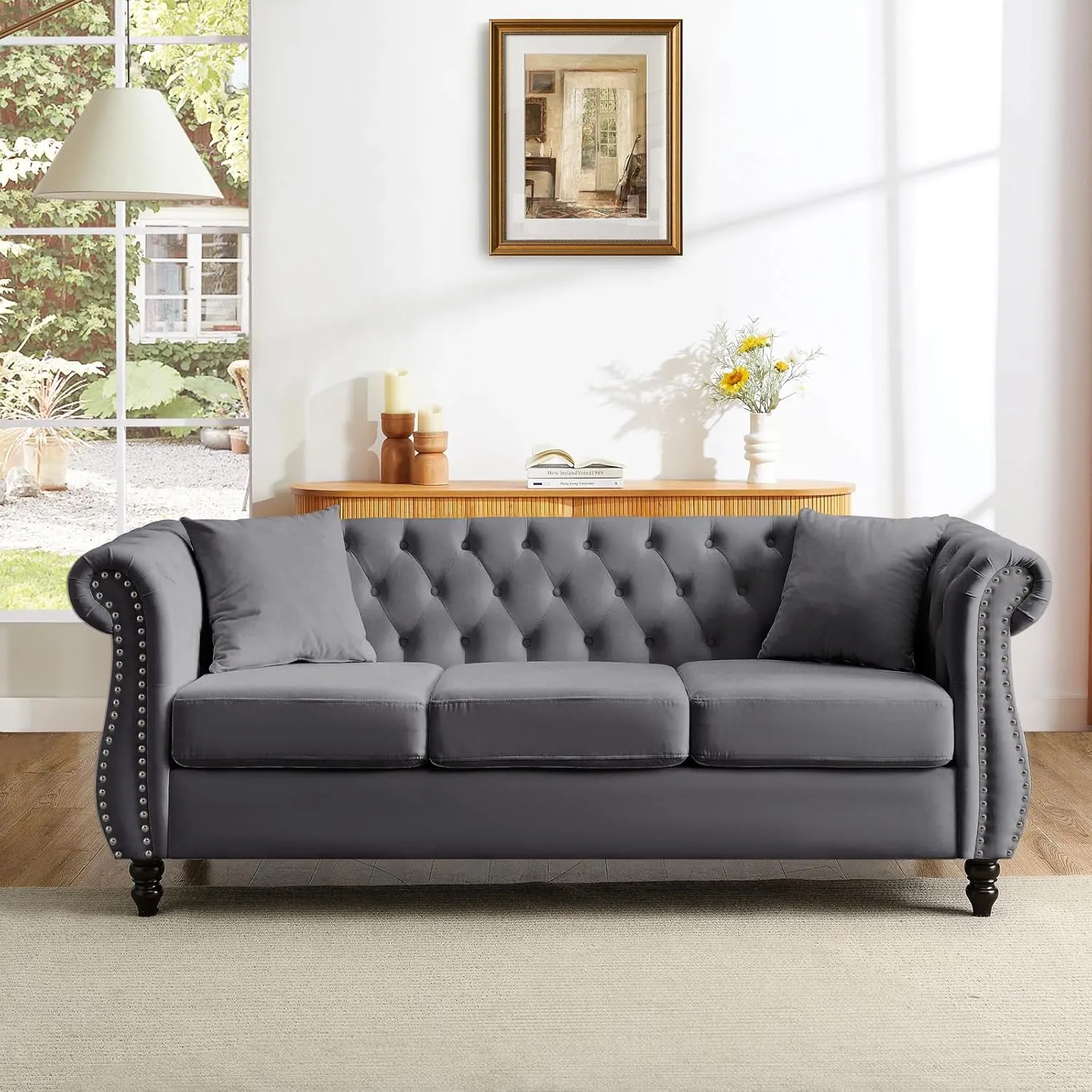 Chesterfield Sofa, 80" Button Tufted Velvet Couch with Rolled Arms & Nailhead Trim, Comfy 3 Seater, Mid Century Modern for Living Room, Bedroom, Apartment, Office (Grey)