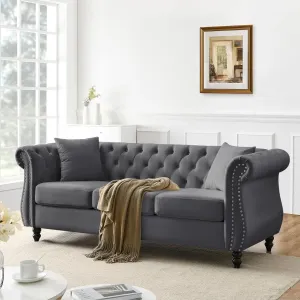 Chesterfield Sofa, 80" Button Tufted Velvet Couch with Rolled Arms & Nailhead Trim, Comfy 3 Seater, Mid Century Modern for Living Room, Bedroom, Apartment, Office (Grey)